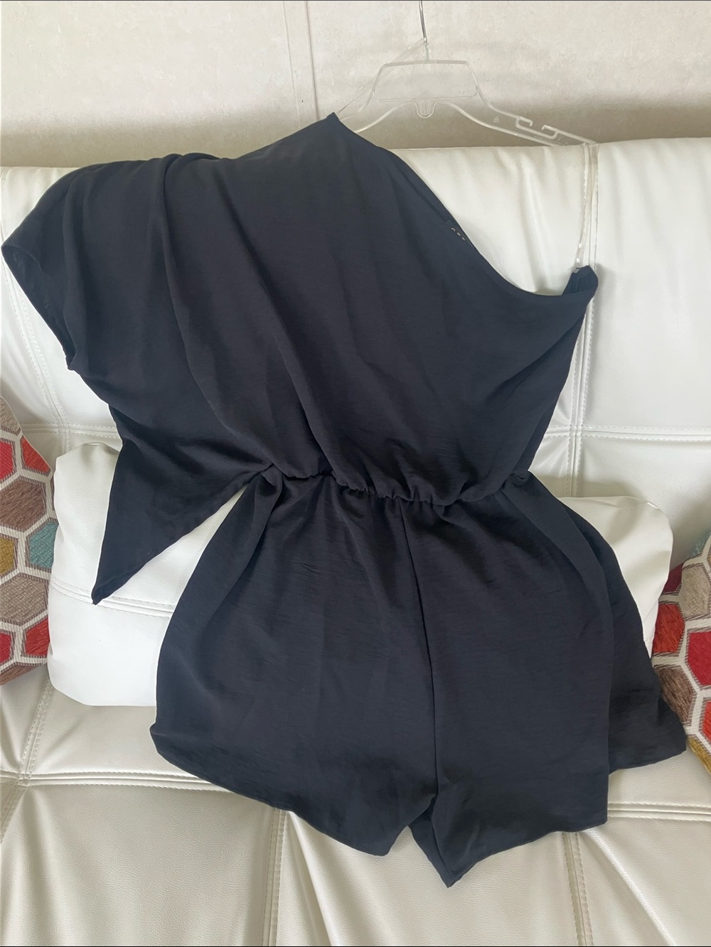 Black One-Shoulder Romper with Elastic Waist